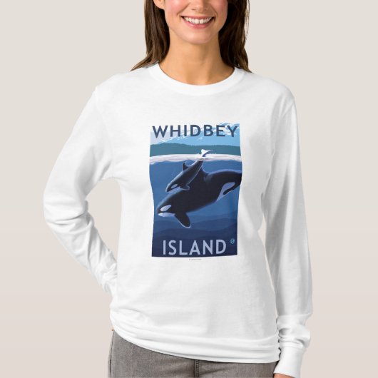 Whidbeyの島、WashingtonOrcaおよび子牛 Tシャツ (正面)