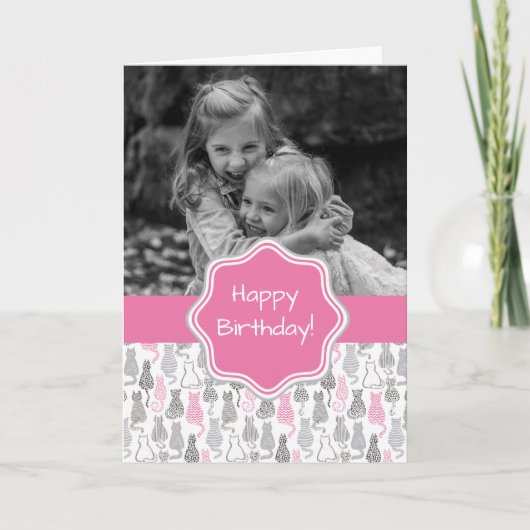 Whimiscalのピンクおよび灰色のスケッチ猫のギフトのアイディア カード (正面)