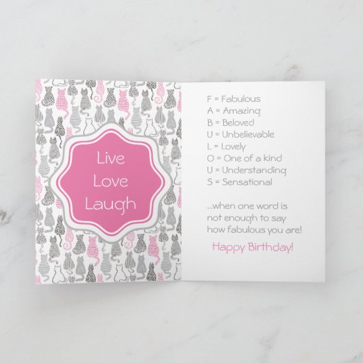 Whimiscalのピンクおよび灰色のスケッチ猫のギフトのアイディア カード (内部)