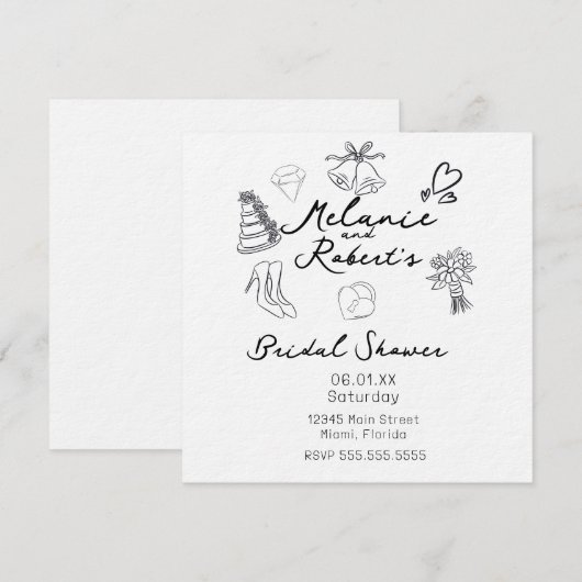 Whimiscal Cute Doodles Black White Bridal Shower 招待状 (正面/裏面)