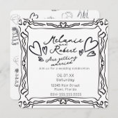 Whimiscal Cute Doodles Black White Frame Wedding 招待状 (正面/裏面)