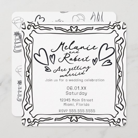 Whimiscal Cute Doodles Black White Frame Wedding 招待状 (正面/裏面)