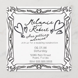 Whimiscal Cute Doodles Black White Frame Wedding 招待状