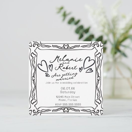 Whimiscal Cute Doodles Black White Frame Wedding 招待状 (スタンド正面)