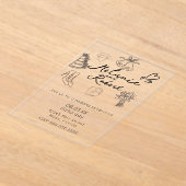 Whimiscal Cute Doodles Black White Wedding アクリル招待状 (レイダウン)