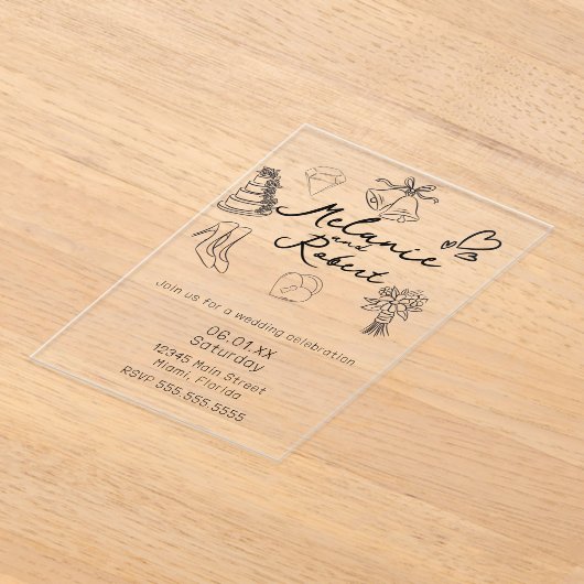 Whimiscal Cute Doodles Black White Wedding アクリル招待状 (レイダウン)