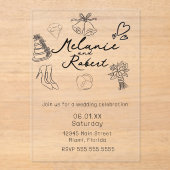 Whimiscal Cute Doodles Black White Wedding アクリル招待状 (正面)