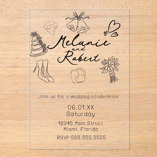 Whimiscal Cute Doodles Black White Wedding アクリル招待状 (正面)