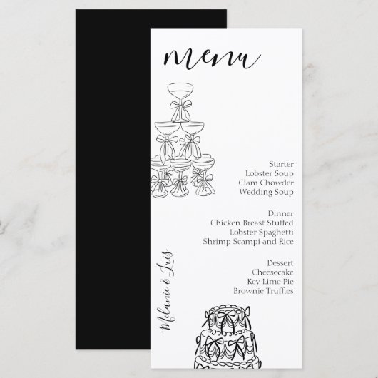 Whimiscal Doodle Black White Wine Wedding Menu  メニュー (正面/裏面)