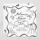Whimiscal Doodles Black White Frame Save the Date 招待状 (正面/裏面)