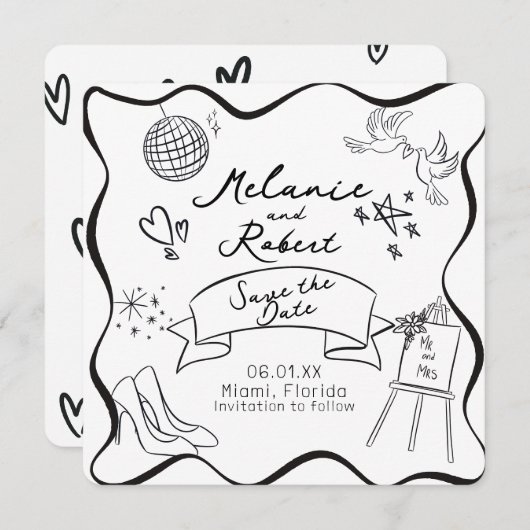 Whimiscal Doodles Black White Frame Save the Date 招待状 (正面/裏面)