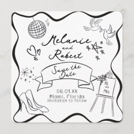 Whimiscal Doodles Black White Frame Save the Date 招待状
