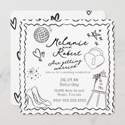 Whimiscal Doodles Black White Frame Wedding 招待状 (正面/裏面)