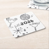 Whimiscal Doodles Hello 2026 New Years Gold スクエアペーパーコースター (アングル)
