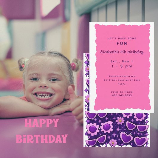 Whimiscal Purple and Pink 4th Birthday Party II 招待状