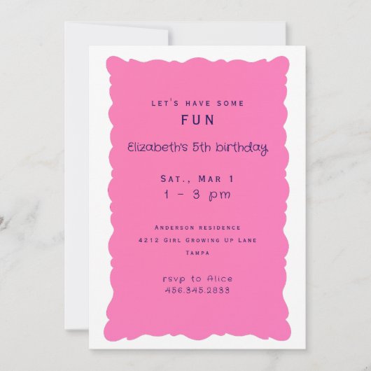 Whimiscal Purple and Pink 5th Birthday Party 招待状 (正面)