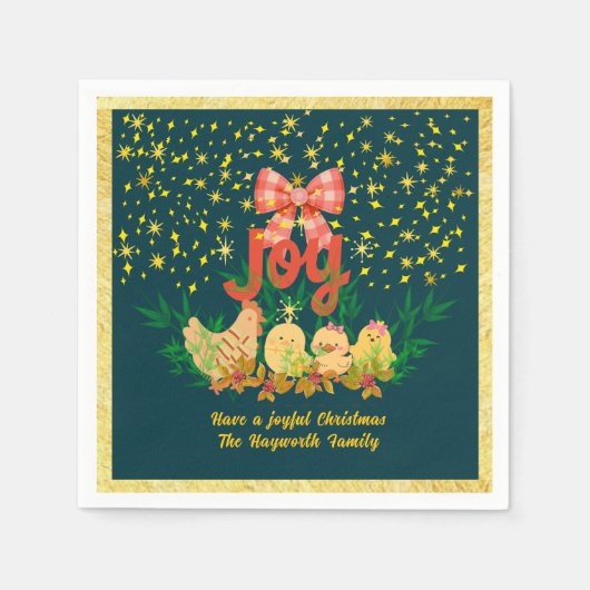  whimsicalなひよこ親子がデザインされたクリスマス ペーパーナプキン スタンダードカクテルナプキン (正面)