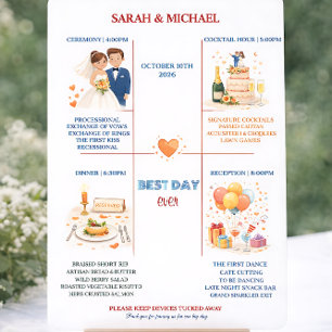 whimsicalなカートゥーンアイコンの結婚式タイムライン プログラム