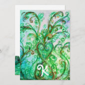 whimsicalなグリーンの花が咲き誇るハートのフラワーモノグラム 招待状 (正面/裏面)