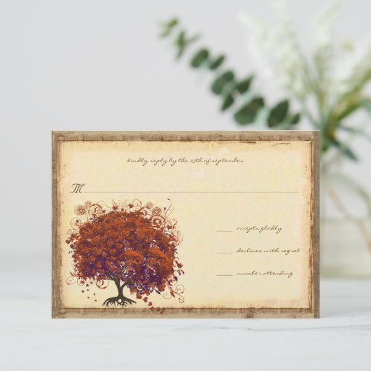  whimsicalなコーラルプラムハートツリーのウェディング招待状 出欠カード (スタンド正面)