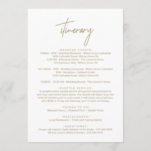  whimsicalなゴールドカリグラフィー結婚式ウェルカムレター プログラム (裏面)