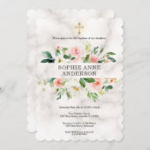  whimsicalなバラ色の花の十字架 女の子の洗礼 招待状 (正面/裏面)