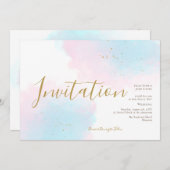 whimsicalなピンクとブルーの水彩画 ゴールドスプラッシュ ウェディング 招待状 (正面/裏面)