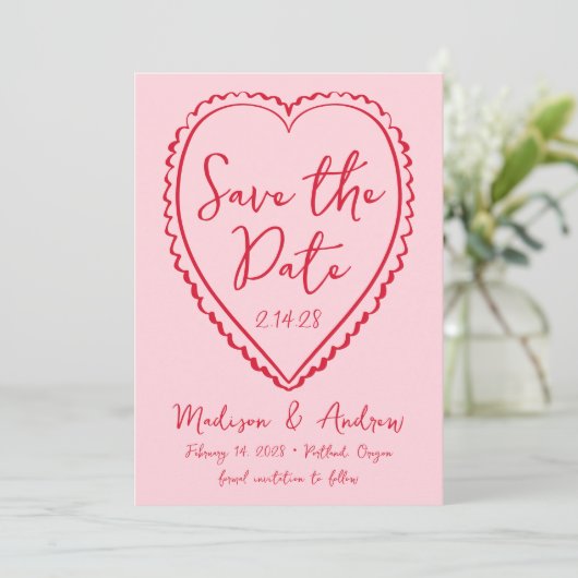  whimsicalなピンクと赤のハートのウェディング セーブザデート (スタンド正面)