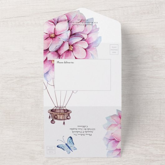  whimsicalなピンクのマグノリアの花のウェディング オールインワン招待状 (外側)