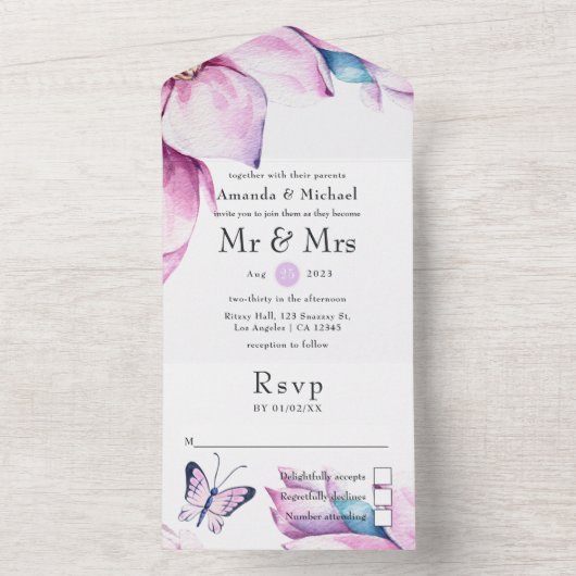  whimsicalなピンクのマグノリアの花のウェディング オールインワン招待状 (内側)