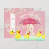  whimsicalなピンクのレトロなダッキー傘 ベイビーシャワー 招待状 (正面/裏面)