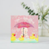  whimsicalなピンクのレトロなダッキー傘 ベイビーシャワー 招待状 (スタンド正面)