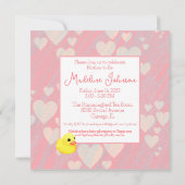  whimsicalなピンクのレトロなダッキー傘 ベイビーシャワー 招待状 (裏面)