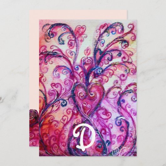  whimsicalなピンクの花が咲き誇るハートのフラワーモノグラム 招待状 (正面/裏面)