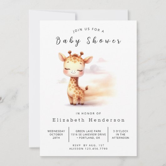  whimsicalなプリント可能なキリン ベビーシャワー 招待状 (正面)