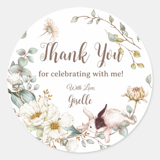 whimsicalなボーホー チック うさぎ フラワーボタニカルステッカー ラウンドシール (正面)