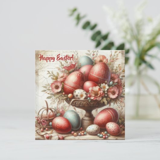  whimsicalなレトロな赤いイースターエッグと春の花 シーズンカード (スタンド正面)