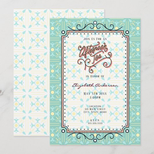 whimsicalな午後の紅茶パーティーの招待状 招待状 (正面/裏面)