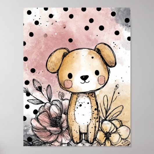 whimsicalな子犬の花模様水彩アート(1) ポスター (正面)