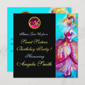  whimsicalな少女のスイート16パーティージェムモノグラム 招待状 (正面/裏面)