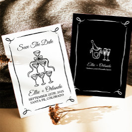  whimsicalな手描きのシャンパンタワー　Save The Date 招待状