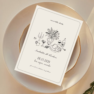 whimsicalな手描きのフランス風結婚式のSave the Date セーブザデート