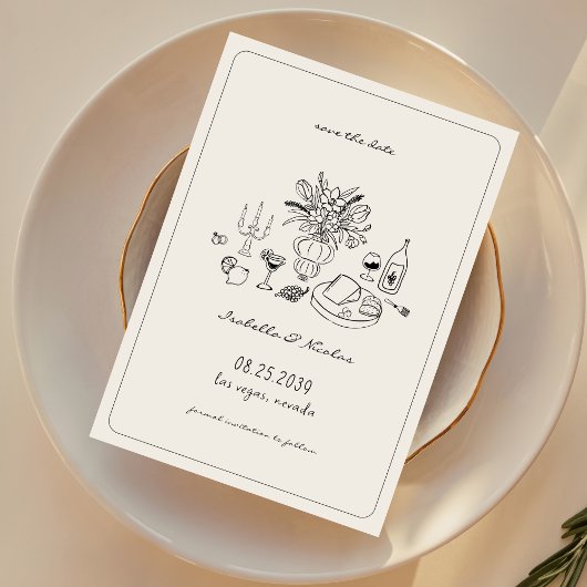 whimsicalな手描きのフランス風結婚式のSave the Date セーブザデート