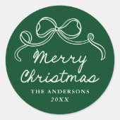 whimsicalな手描きの緑の弓のクリスマスメッセージ ラウンドシール (正面)