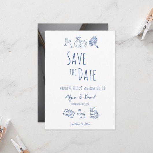  whimsicalな手描きミニマルブルー ホワイトフォト (正面/裏面インサイチュ)