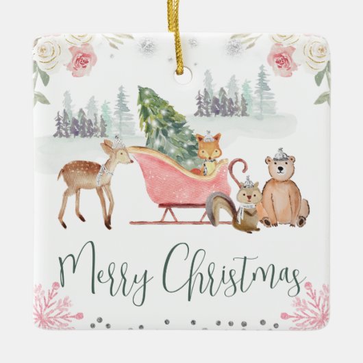 whimsicalな森の動物のクリスマス・スレイ セラミックオーナメント (正面)