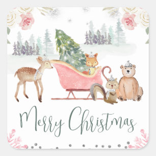whimsicalな森の動物のクリスマス・スレー スクエアシール