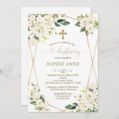 whimsicalな白い花のゴールドガール 誕生式 招待状 (正面/裏面)