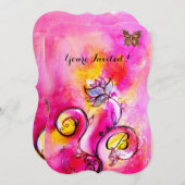  whimsicalな花と蝶 ピンクと黄色 招待状 (正面/裏面)