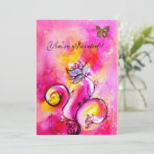  whimsicalな花と蝶 ピンクと黄色 招待状 (スタンド正面)